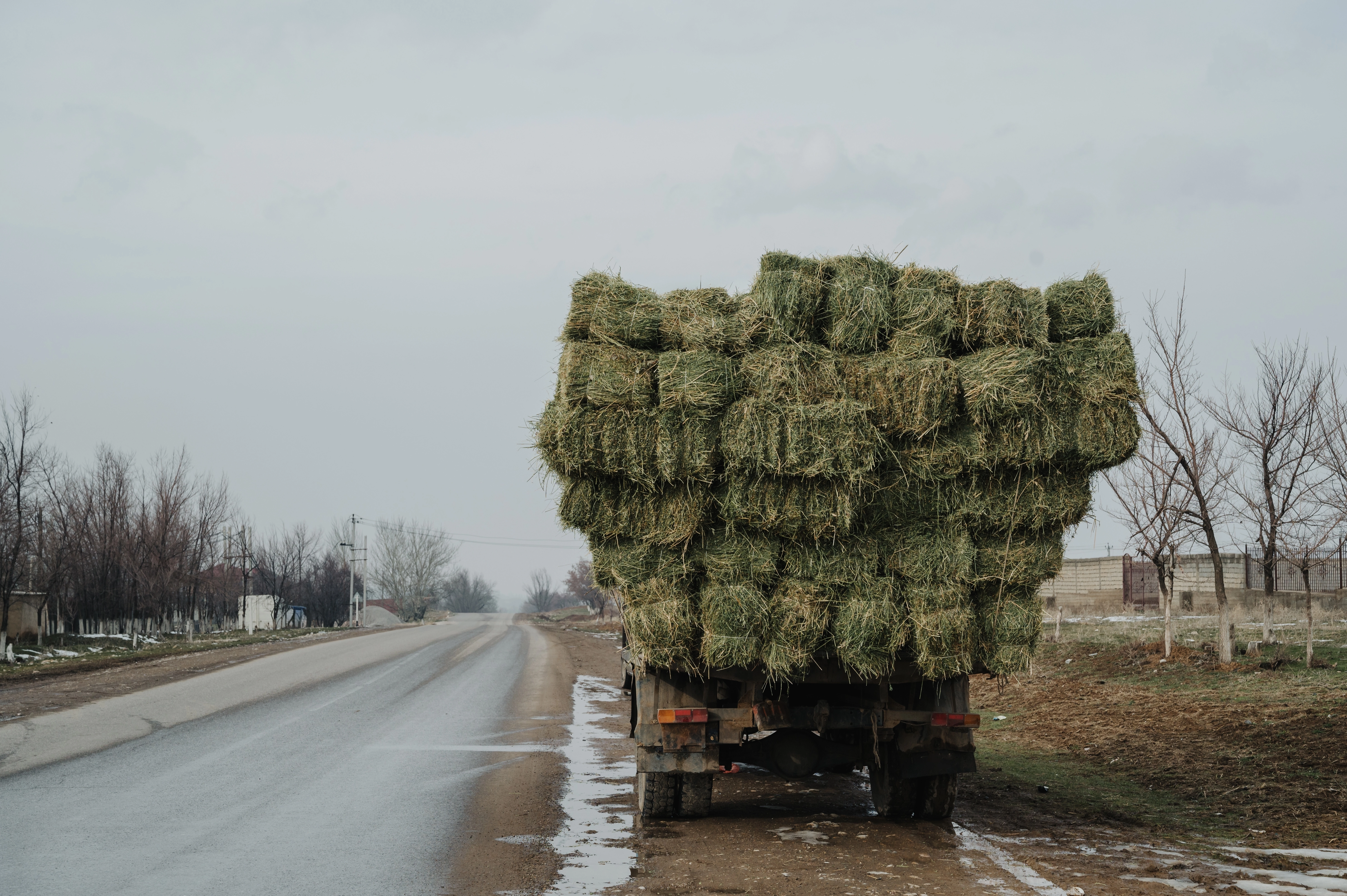 Hay rack or farm transport on rural road