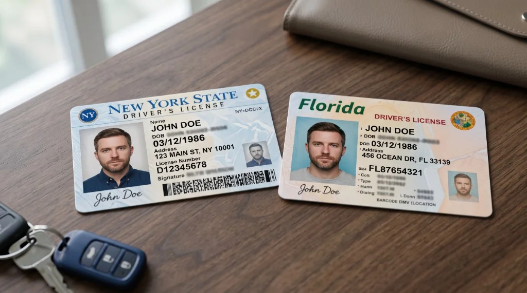 Side-by-side New York State and Florida driver's licenses for the same person, illustrating VTL 509-5 holding more than one license
